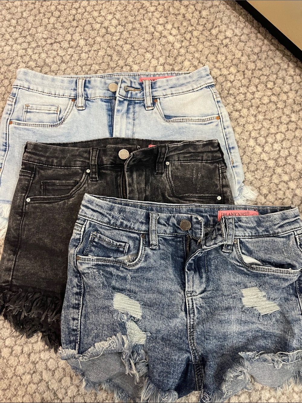 Blank NYC Girls Distressed Denim Shorts Trio - Light Blue, Black, Medium Blue